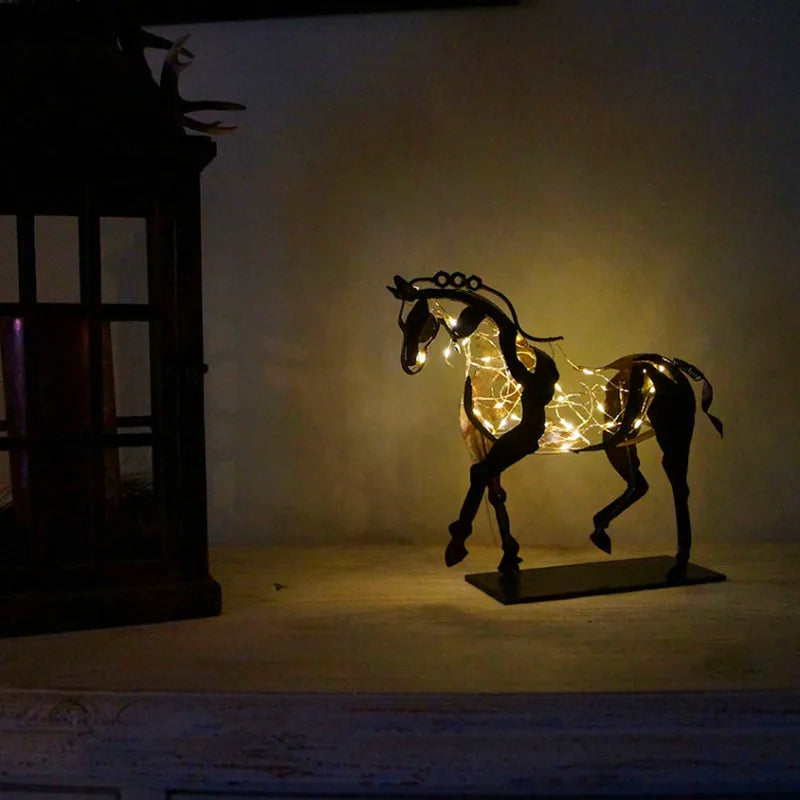 Exquisite metal horse lamp sculpture.