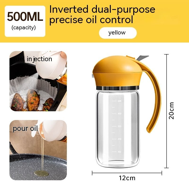 Clear oil control bottle with yellow lid, handle, displaying its measuring capacity.
