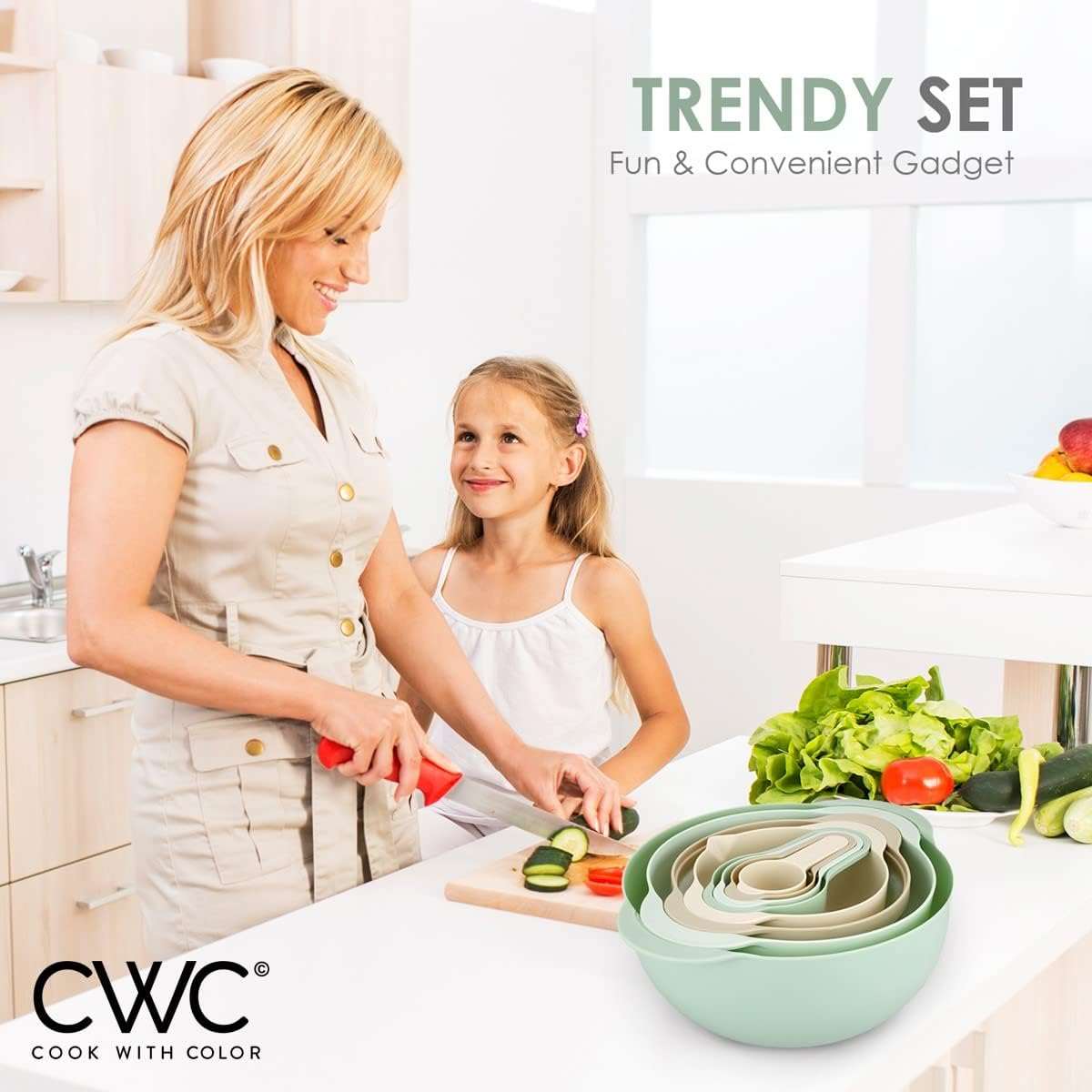 COLORFUL 8 Piece Nesting Bowls, Measuring Cups Colander and Sifter Set - Includes 2 Mixing Bowls, 1 Colander, 1 Sifter and 4 Measuring Cups,Mint Green