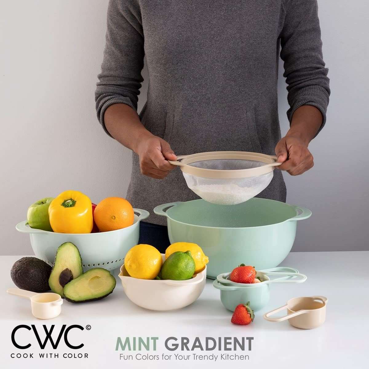 COLORFUL 8 Piece Nesting Bowls, Measuring Cups Colander and Sifter Set - Includes 2 Mixing Bowls, 1 Colander, 1 Sifter and 4 Measuring Cups,Mint Green