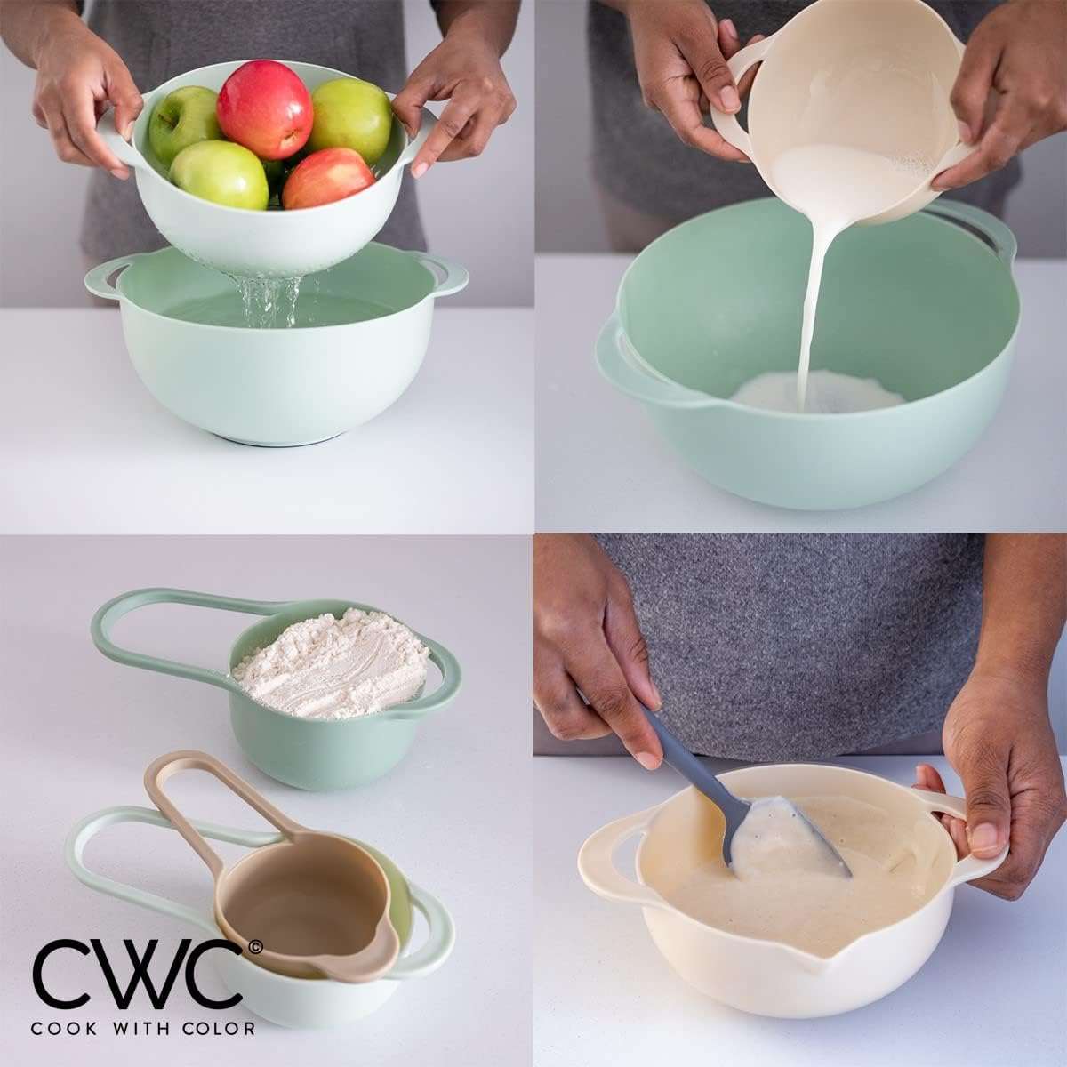 COLORFUL 8 Piece Nesting Bowls, Measuring Cups Colander and Sifter Set - Includes 2 Mixing Bowls, 1 Colander, 1 Sifter and 4 Measuring Cups,Mint Green