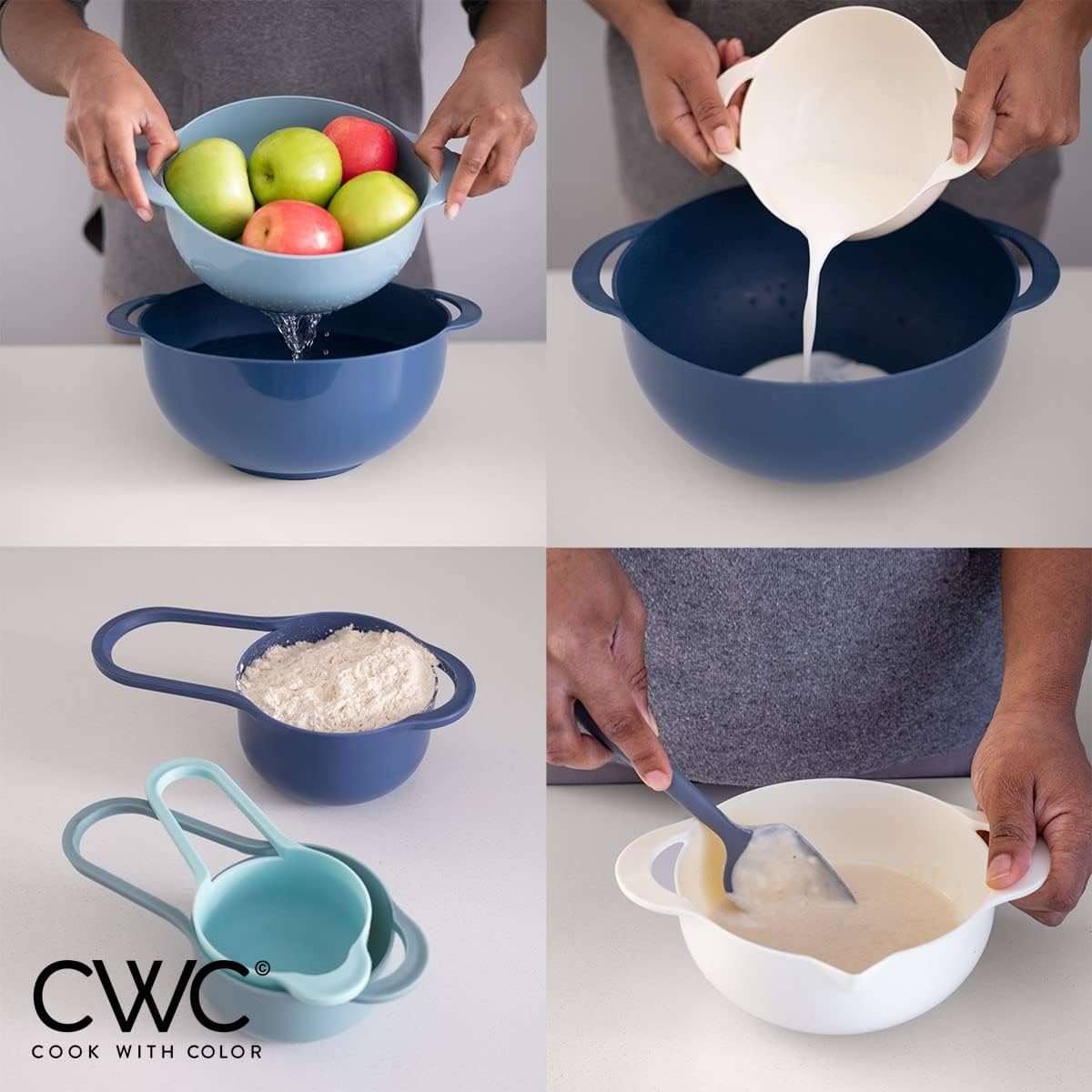 COLORFUL 8 Piece Nesting Bowls, Measuring Cups Colander and Sifter Set - Includes 2 Mixing Bowls, 1 Colander, 1 Sifter and 4 Measuring Cups,Mint Green