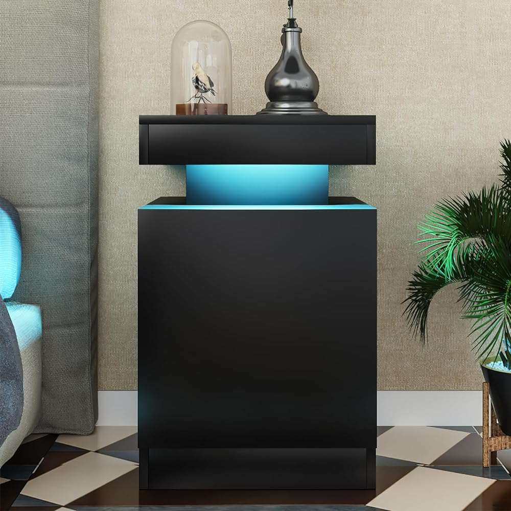 oneinmil Nightstand Set of 2 with LED Lights,Night Stand with Storage Cabinet for Bedroom,Bedside Table with LED, Black