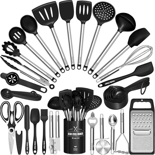 Kitchen Utensils Set-Umite Chef 34 Pcs Silicone Cooking Utensils Set for Nonstick Cookware-Silicone Spatulas Set, Stainless Steel Handle-Black