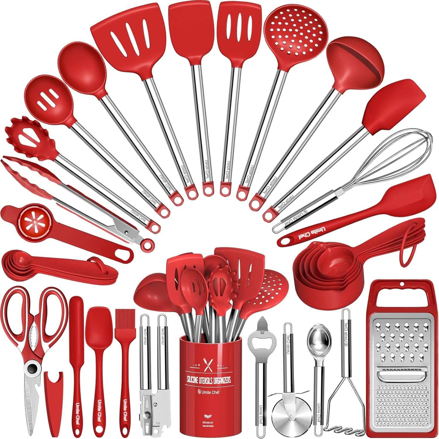 Kitchen Utensils Set-Umite Chef 34 Pcs Silicone Cooking Utensils Set for Nonstick Cookware-Silicone Spatulas Set, Stainless Steel Handle-Black