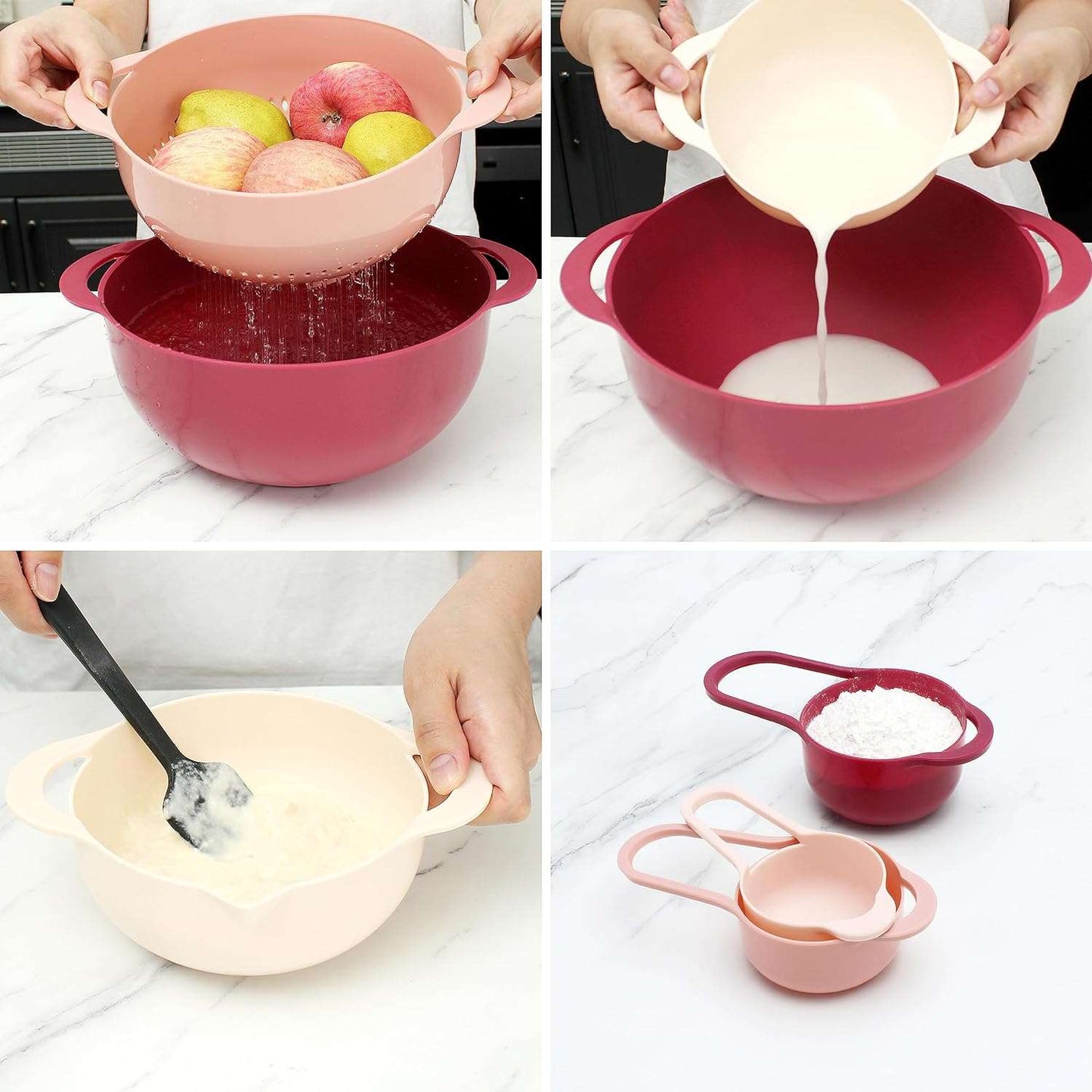 COLORFUL 8 Piece Nesting Bowls, Measuring Cups Colander and Sifter Set - Includes 2 Mixing Bowls, 1 Colander, 1 Sifter and 4 Measuring Cups,Mint Green