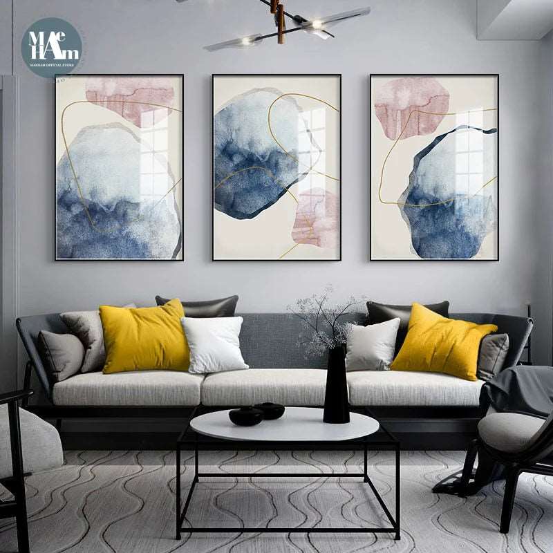 Abstract Blue watercolor Canvas Print Paintings Golden lines Poster Nordic Wall Art Pictures on Canvas Living Room Home Decor