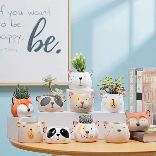 a group of vases that are on a shelf