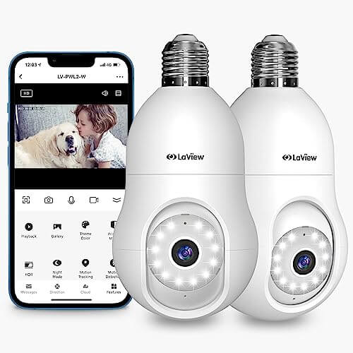 LaView 4MP Bulb Security Camera 2.4GHz,360° 2K Security Cameras Wireless Outdoor Indoor Full Color Day and Night, Audible Alarm, Alexa capable(2 Pack)