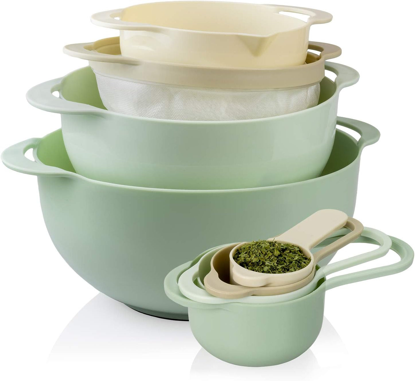 COLORFUL 8 Piece Nesting Bowls, Measuring Cups Colander and Sifter Set - Includes 2 Mixing Bowls, 1 Colander, 1 Sifter and 4 Measuring Cups,Mint Green