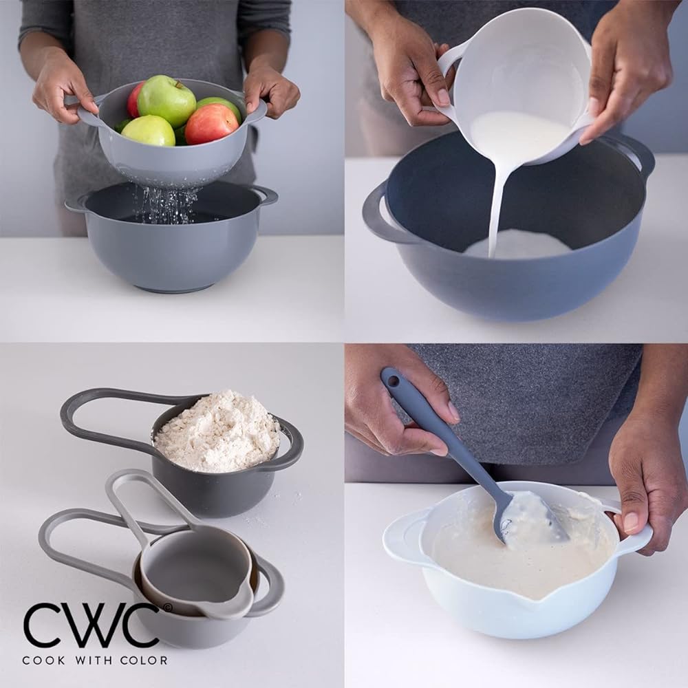 COLORFUL 8 Piece Nesting Bowls, Measuring Cups Colander and Sifter Set - Includes 2 Mixing Bowls, 1 Colander, 1 Sifter and 4 Measuring Cups,Mint Green