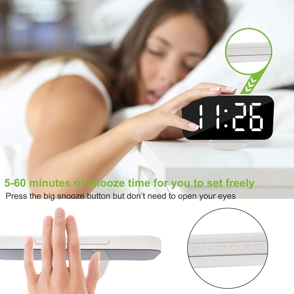 SZELAM Digital Clock Large Display, LED Electric Alarm Clocks Mirror Surface for Makeup with Diming Mode, 3 Levels Brightness, Dual USB Ports White