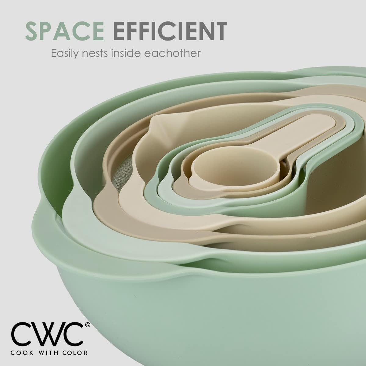 COLORFUL 8 Piece Nesting Bowls, Measuring Cups Colander and Sifter Set - Includes 2 Mixing Bowls, 1 Colander, 1 Sifter and 4 Measuring Cups,Mint Green