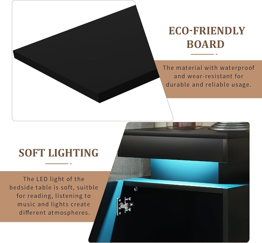 oneinmil Nightstand Set of 2 with LED Lights,Night Stand with Storage Cabinet for Bedroom,Bedside Table with LED, Black