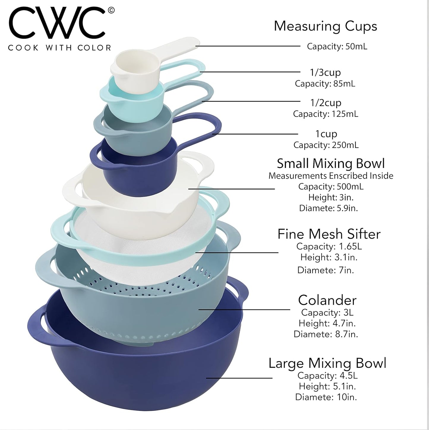 COLORFUL 8 Piece Nesting Bowls, Measuring Cups Colander and Sifter Set - Includes 2 Mixing Bowls, 1 Colander, 1 Sifter and 4 Measuring Cups,Mint Green