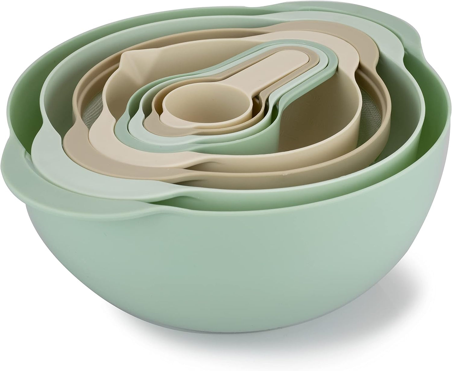 COLORFUL 8 Piece Nesting Bowls, Measuring Cups Colander and Sifter Set - Includes 2 Mixing Bowls, 1 Colander, 1 Sifter and 4 Measuring Cups,Mint Green