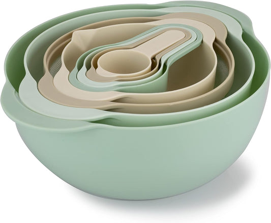 COLORFUL 8 Piece Nesting Bowls, Measuring Cups Colander and Sifter Set - Includes 2 Mixing Bowls, 1 Colander, 1 Sifter and 4 Measuring Cups,Mint Green