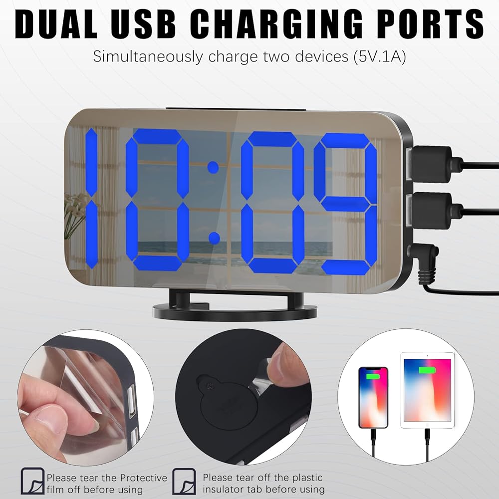 WulaWindy Digital Alarm Clock, Large Mirrored LED Display, with USB Charger, Snooze Function Dim Mode Wall Hanging Beside Desk Clock for Bedroom