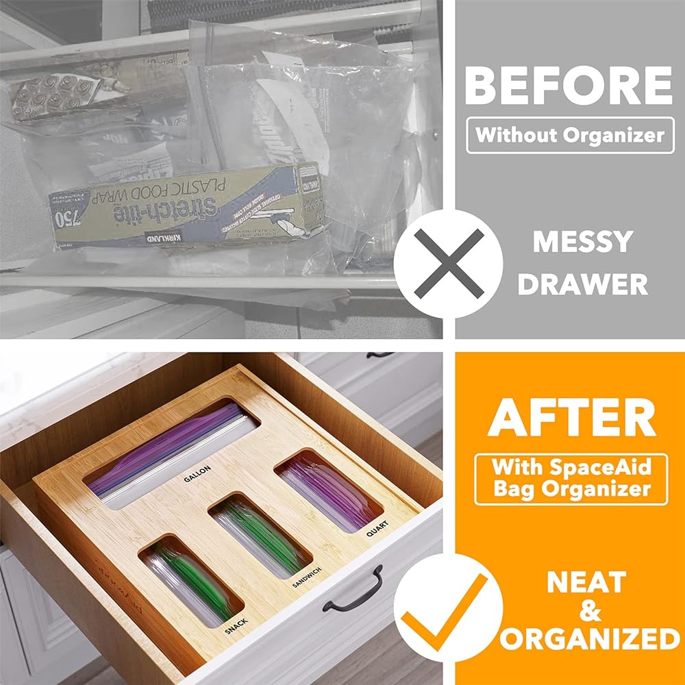 Space Aid Bag Storage Organizer for Kitchen Drawer, Bamboo Organizer, Compatible with Gallon, Quart, Sandwich & Snack Variety Size Bag (1 Box 4 Slots)
