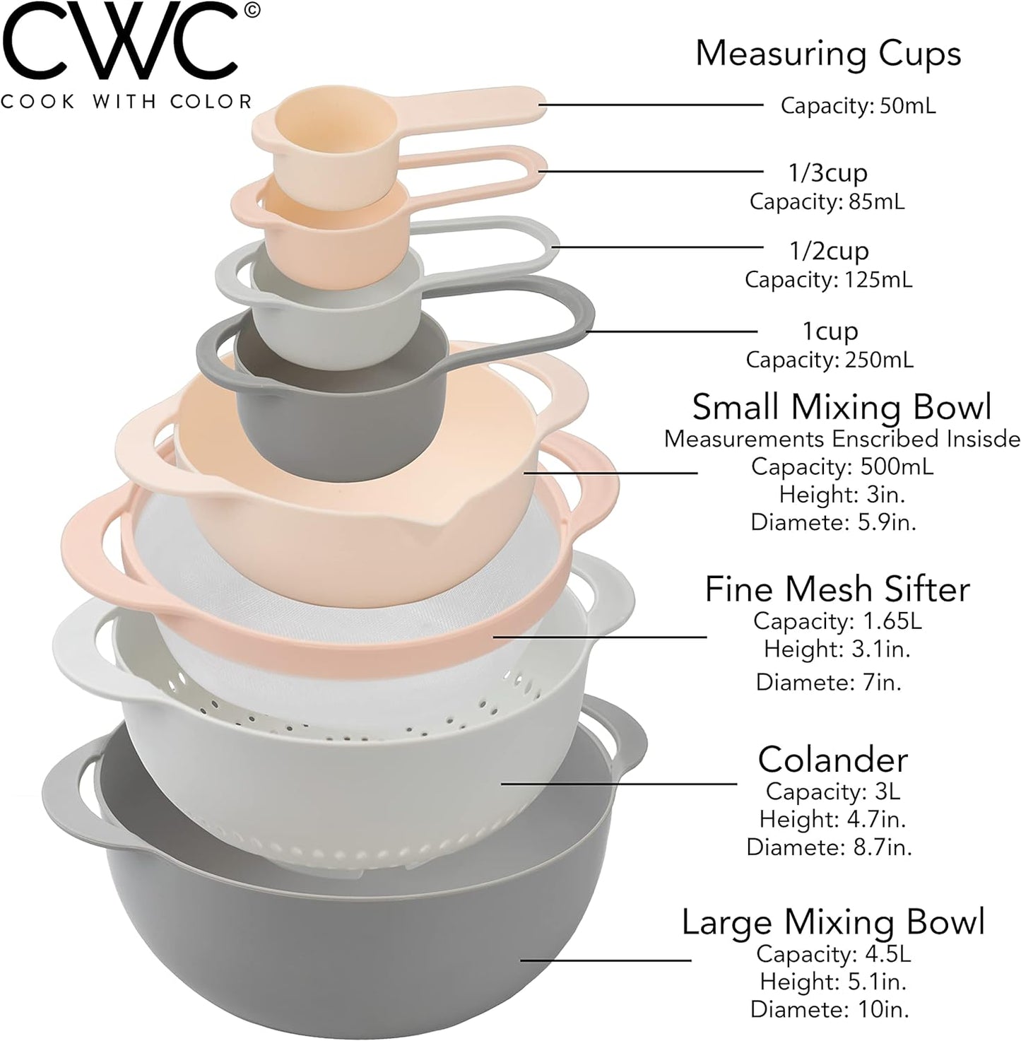 COLORFUL 8 Piece Nesting Bowls, Measuring Cups Colander and Sifter Set - Includes 2 Mixing Bowls, 1 Colander, 1 Sifter and 4 Measuring Cups,Mint Green