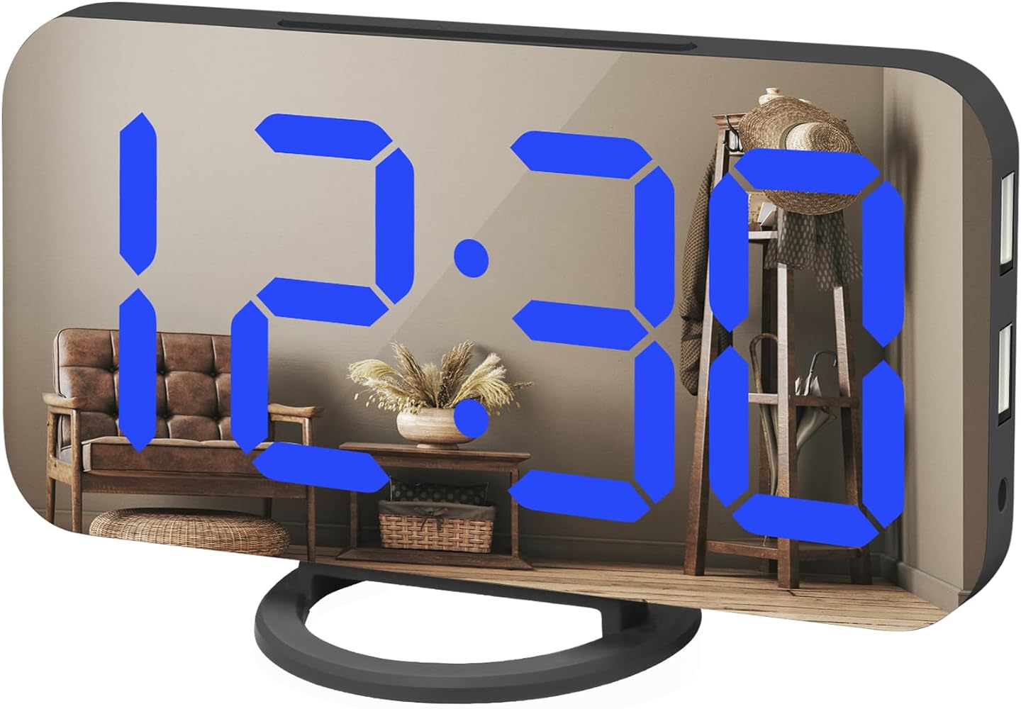 WulaWindy Digital Alarm Clock, Large Mirrored LED Display, with USB Charger, Snooze Function Dim Mode Wall Hanging Beside Desk Clock for Bedroom