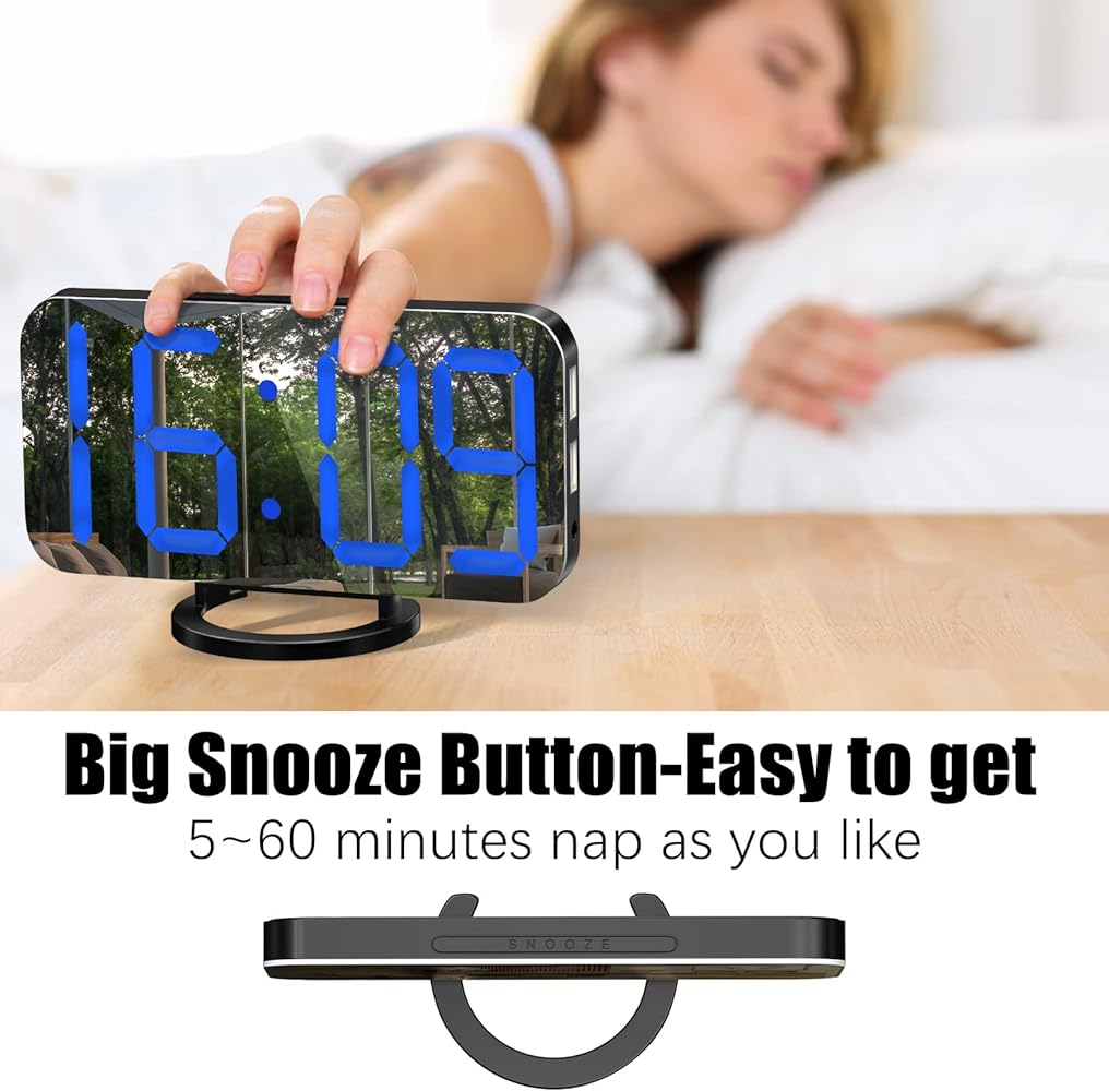 WulaWindy Digital Alarm Clock, Large Mirrored LED Display, with USB Charger, Snooze Function Dim Mode Wall Hanging Beside Desk Clock for Bedroom