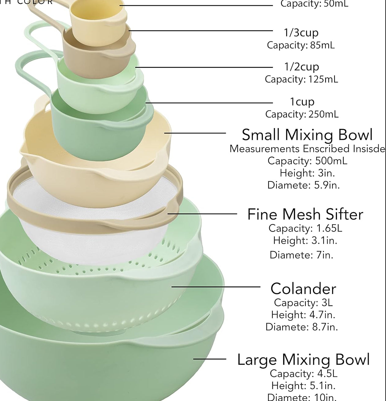 COLORFUL 8 Piece Nesting Bowls, Measuring Cups Colander and Sifter Set - Includes 2 Mixing Bowls, 1 Colander, 1 Sifter and 4 Measuring Cups,Mint Green
