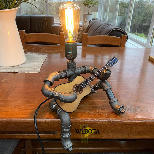 Wibota Guitar Music Table Lamp Music,Guitars Lamps MusicMicrophone Players Retro Edison Bulb, Cool Metal Robot Pipe Light Art Decor