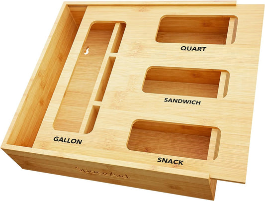 Space Aid Bag Storage Organizer for Kitchen Drawer, Bamboo Organizer, Compatible with Gallon, Quart, Sandwich & Snack Variety Size Bag (1 Box 4 Slots)