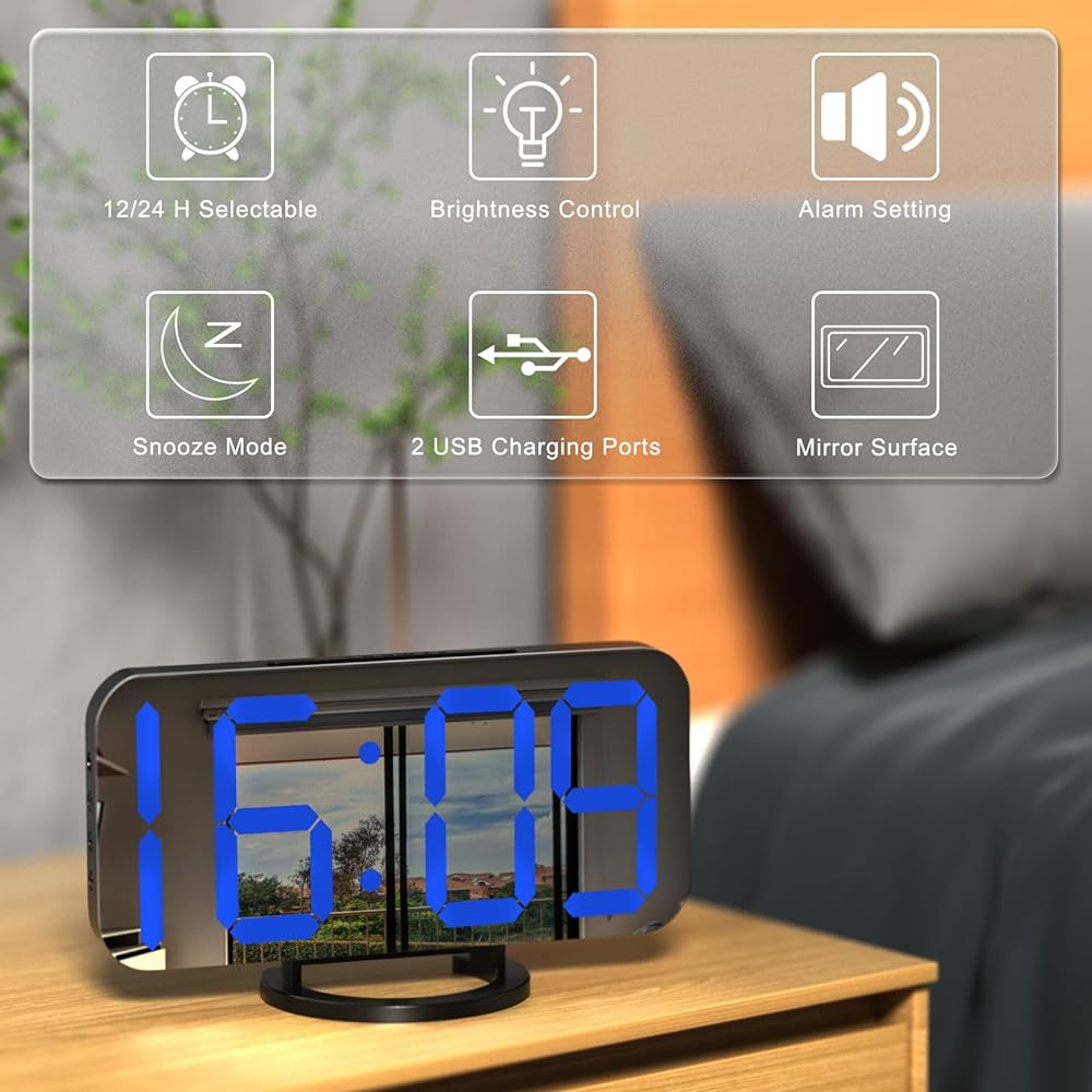 WulaWindy Digital Alarm Clock, Large Mirrored LED Display, with USB Charger, Snooze Function Dim Mode Wall Hanging Beside Desk Clock for Bedroom