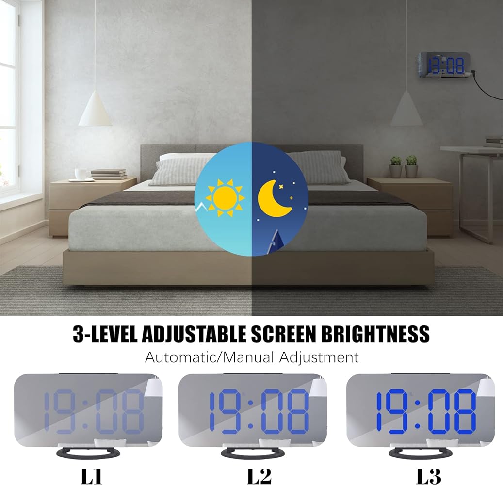 WulaWindy Digital Alarm Clock, Large Mirrored LED Display, with USB Charger, Snooze Function Dim Mode Wall Hanging Beside Desk Clock for Bedroom