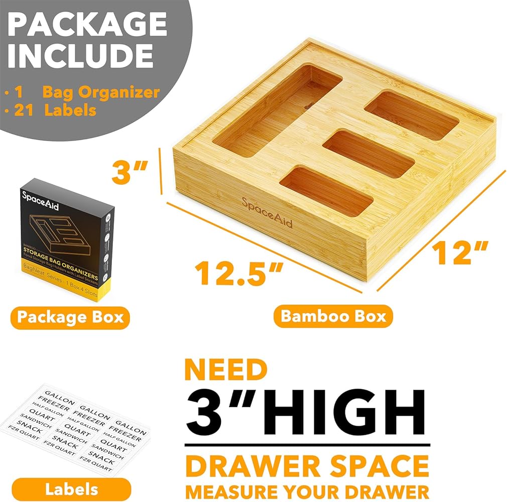 Space Aid Bag Storage Organizer for Kitchen Drawer, Bamboo Organizer, Compatible with Gallon, Quart, Sandwich & Snack Variety Size Bag (1 Box 4 Slots)