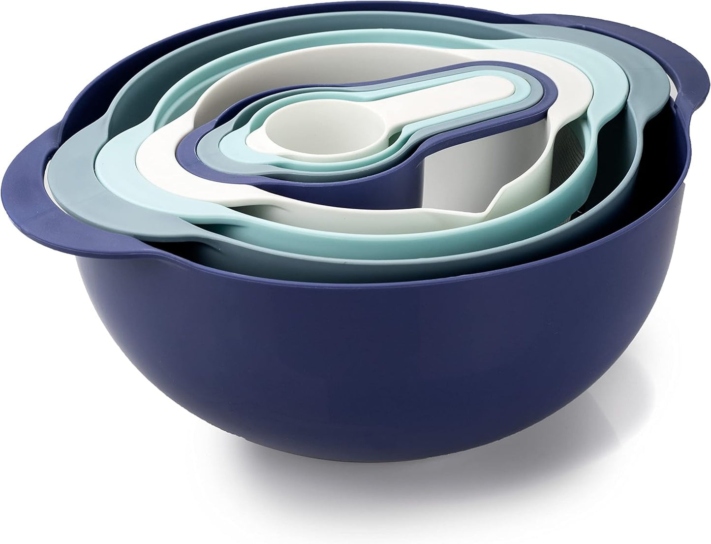 COLORFUL 8 Piece Nesting Bowls, Measuring Cups Colander and Sifter Set - Includes 2 Mixing Bowls, 1 Colander, 1 Sifter and 4 Measuring Cups,Mint Green
