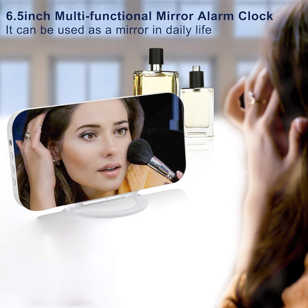 SZELAM Digital Clock Large Display, LED Electric Alarm Clocks Mirror Surface for Makeup with Diming Mode, 3 Levels Brightness, Dual USB Ports White