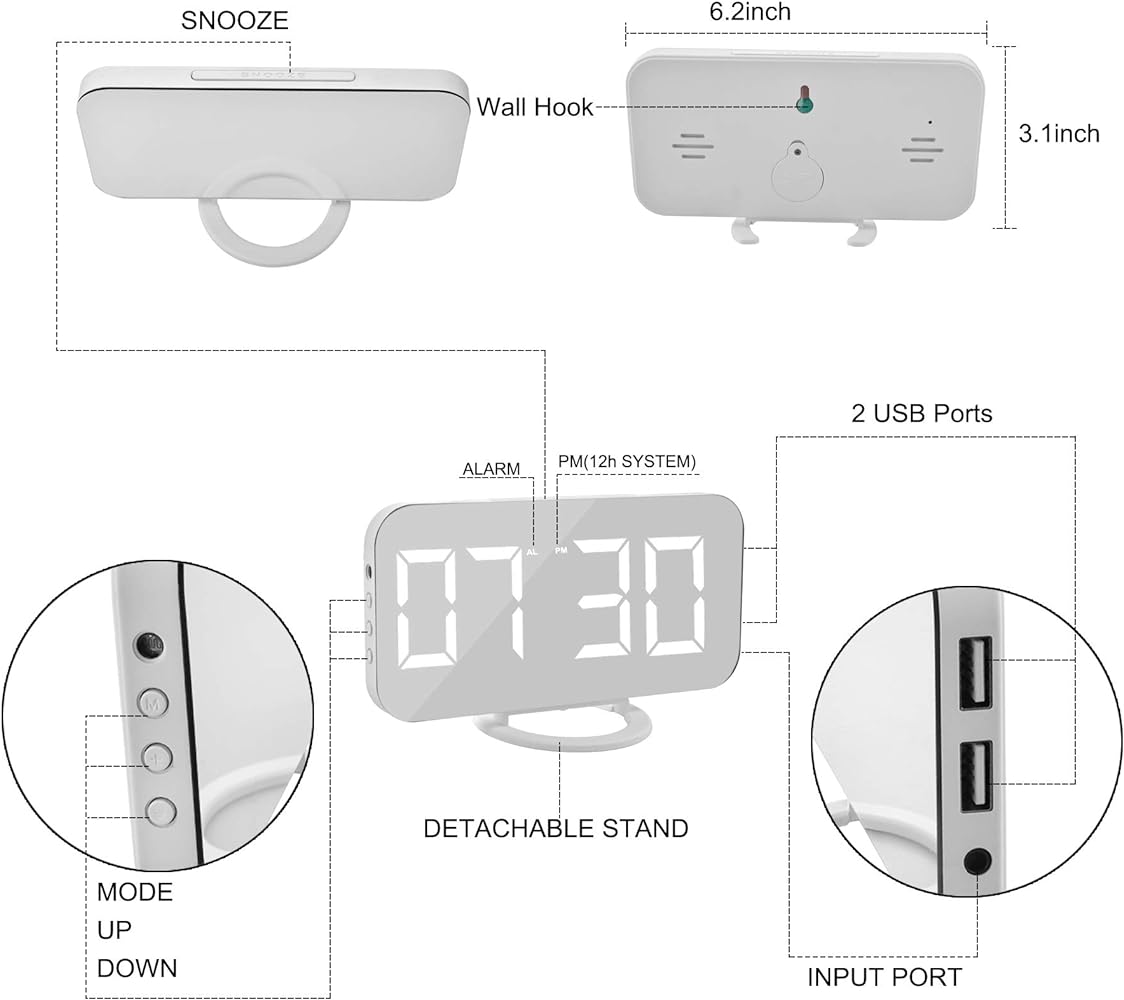 SZELAM Digital Clock Large Display, LED Electric Alarm Clocks Mirror Surface for Makeup with Diming Mode, 3 Levels Brightness, Dual USB Ports White