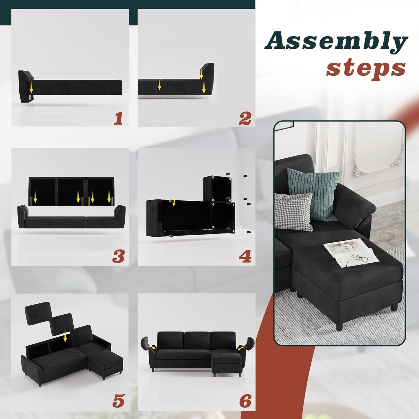 Vongrasig 79" Convertible Sectional Sofa Couch, 3 Seat L Shaped Sofa with Removable Pillows Linen Fabric Small Couch Mid Century for Living Room