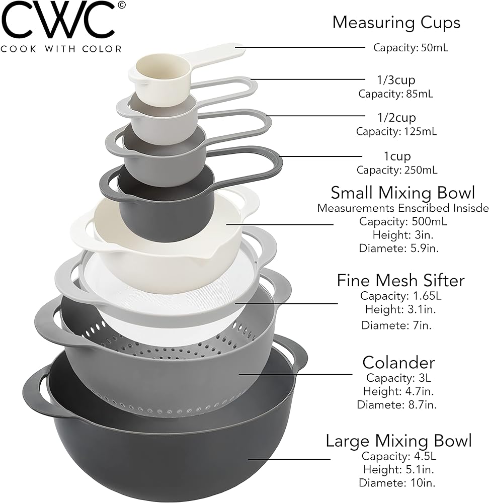 COLORFUL 8 Piece Nesting Bowls, Measuring Cups Colander and Sifter Set - Includes 2 Mixing Bowls, 1 Colander, 1 Sifter and 4 Measuring Cups,Mint Green