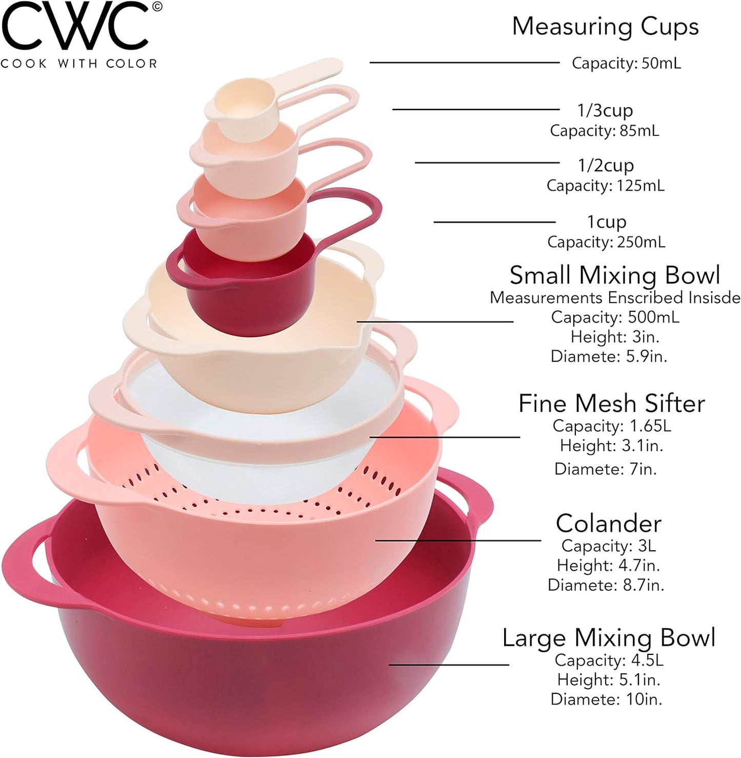 COLORFUL 8 Piece Nesting Bowls, Measuring Cups Colander and Sifter Set - Includes 2 Mixing Bowls, 1 Colander, 1 Sifter and 4 Measuring Cups,Mint Green