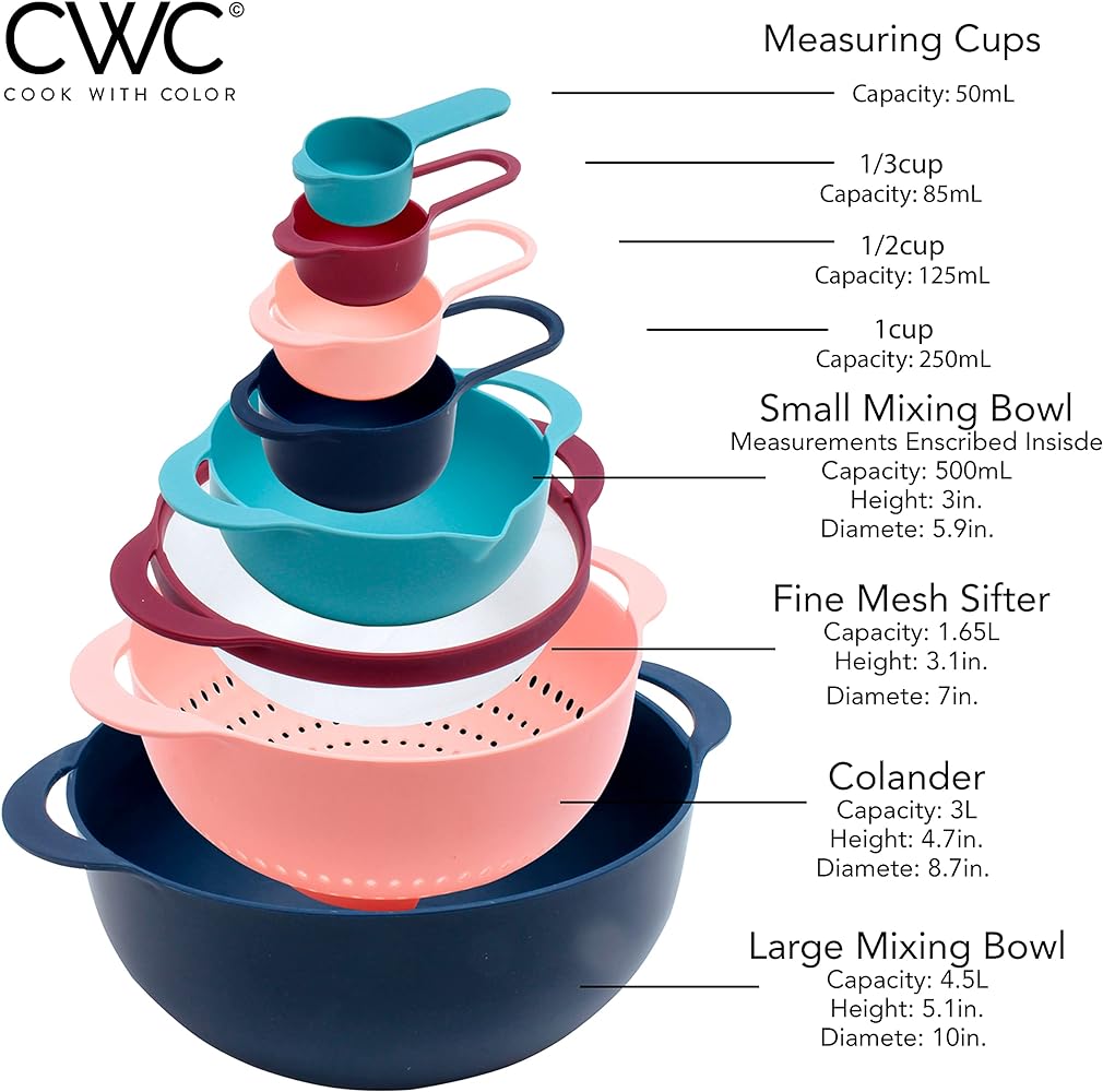 COLORFUL 8 Piece Nesting Bowls, Measuring Cups Colander and Sifter Set - Includes 2 Mixing Bowls, 1 Colander, 1 Sifter and 4 Measuring Cups,Mint Green