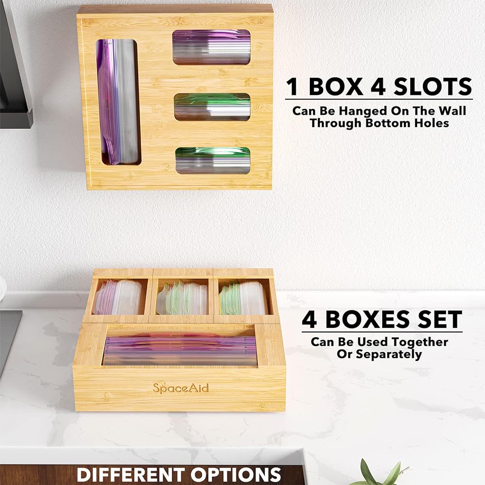 Space Aid Bag Storage Organizer for Kitchen Drawer, Bamboo Organizer, Compatible with Gallon, Quart, Sandwich & Snack Variety Size Bag (1 Box 4 Slots)