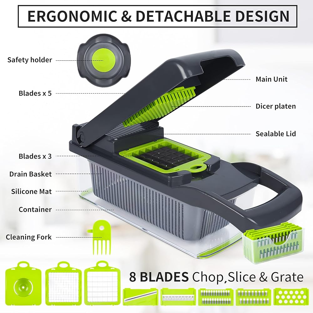 Vegetable Chopper, Onion Chopper,Pro 10 in Adjustable Vegetable Cutter With Container(grey)