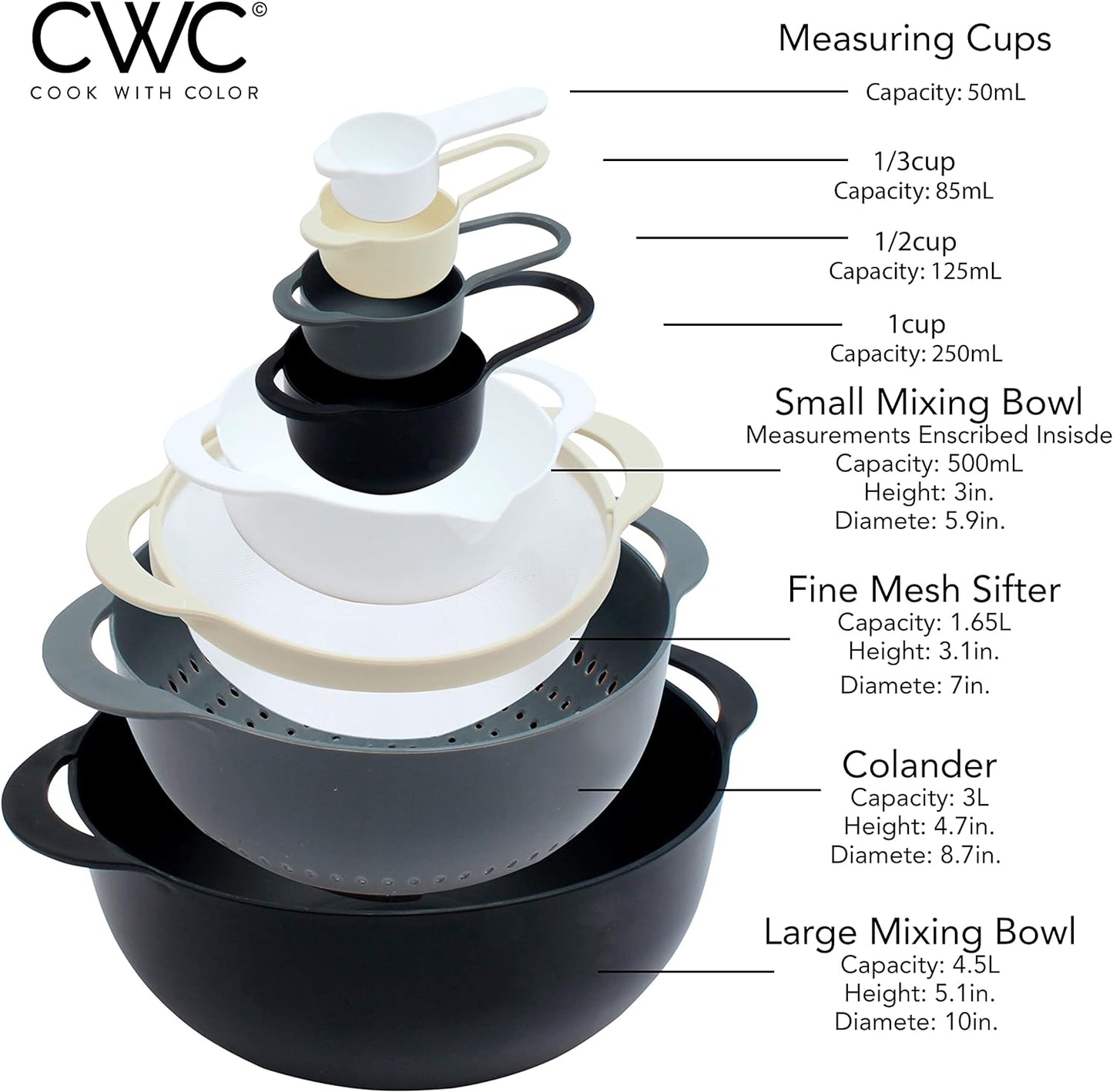 COLORFUL 8 Piece Nesting Bowls, Measuring Cups Colander and Sifter Set - Includes 2 Mixing Bowls, 1 Colander, 1 Sifter and 4 Measuring Cups,Mint Green