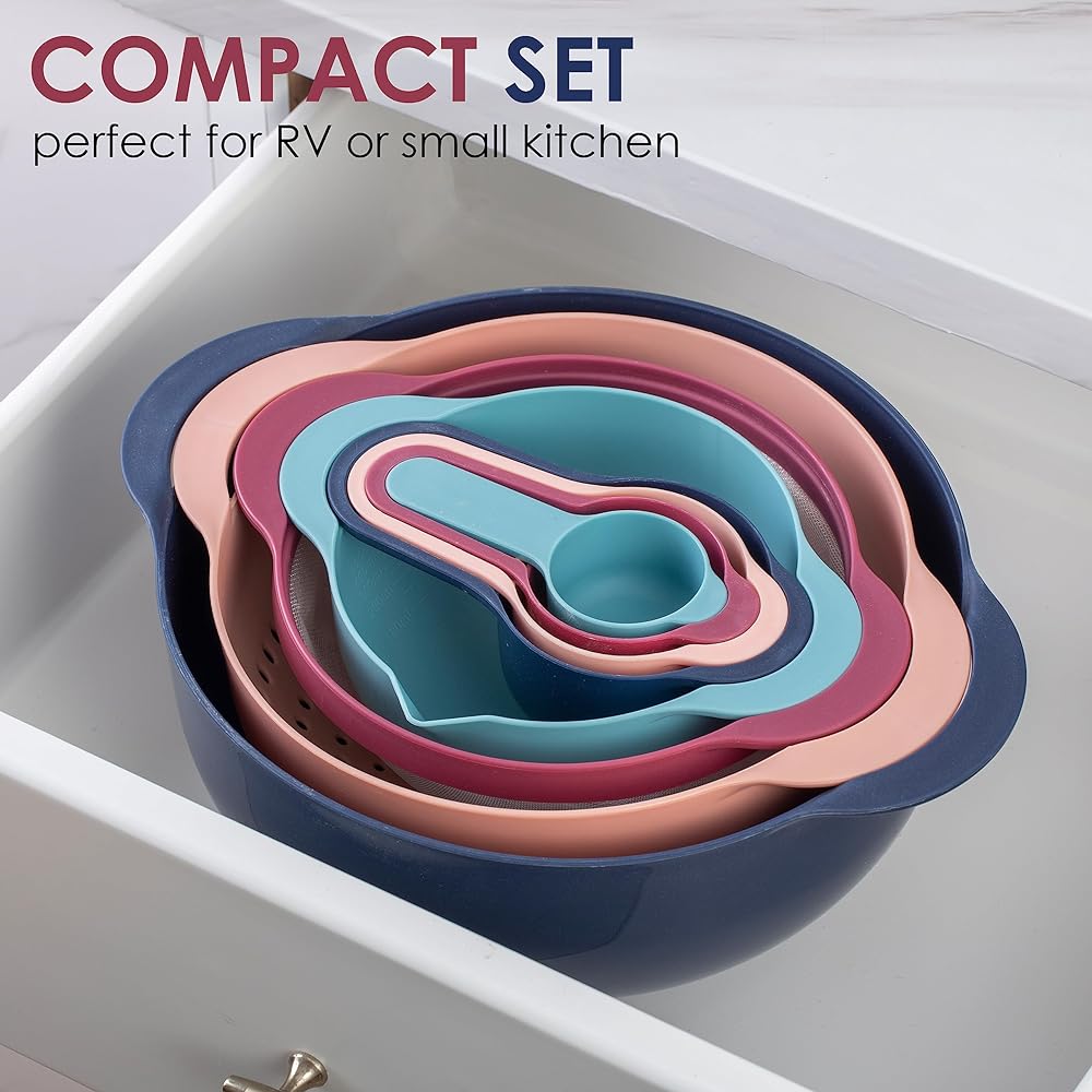 COLORFUL 8 Piece Nesting Bowls, Measuring Cups Colander and Sifter Set - Includes 2 Mixing Bowls, 1 Colander, 1 Sifter and 4 Measuring Cups,Mint Green
