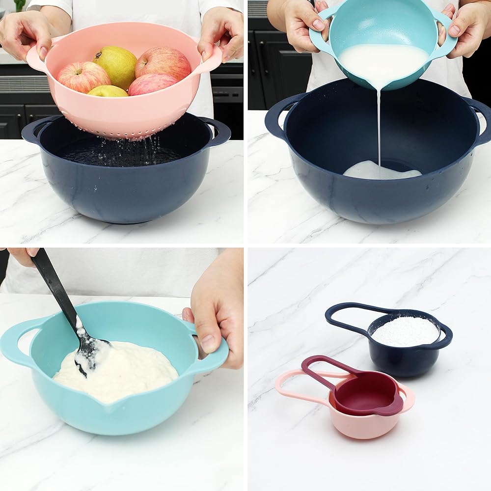 COLORFUL 8 Piece Nesting Bowls, Measuring Cups Colander and Sifter Set - Includes 2 Mixing Bowls, 1 Colander, 1 Sifter and 4 Measuring Cups,Mint Green