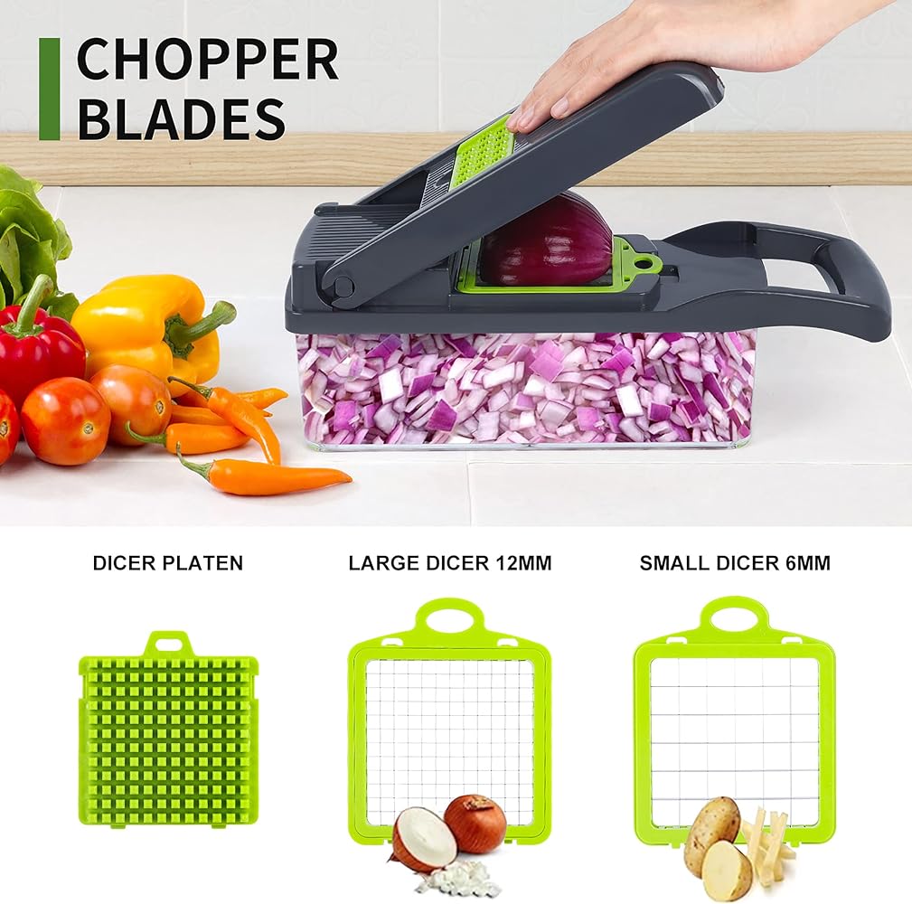 Vegetable Chopper, Onion Chopper,Pro 10 in Adjustable Vegetable Cutter With Container(grey)