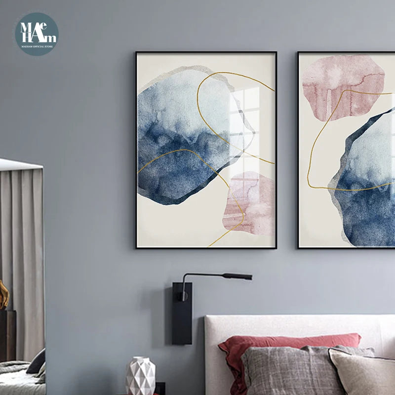 Abstract Blue watercolor Canvas Print Paintings Golden lines Poster Nordic Wall Art Pictures on Canvas Living Room Home Decor