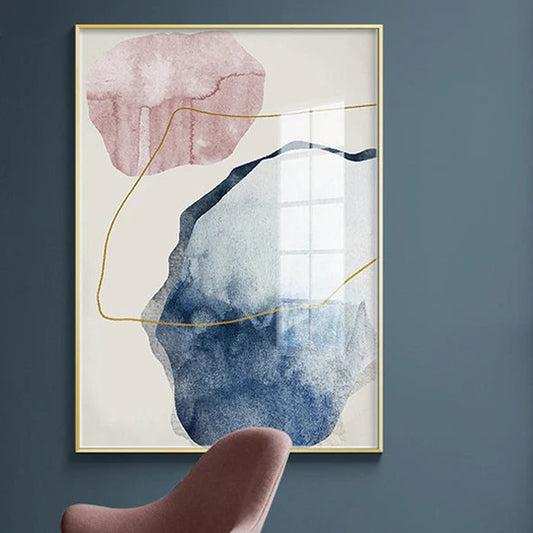 Abstract Blue watercolor Canvas Print Paintings Golden lines Poster Nordic Wall Art Pictures on Canvas Living Room Home Decor