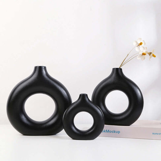 Nordic 3-Piece Ceramic Vase Set - White Donut Design - Perfect for Dry Flowers and Desktop Home Decor
