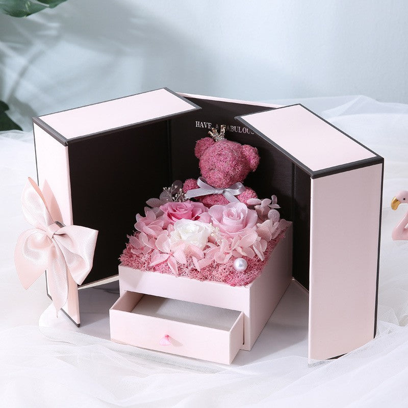 Holiday gift box packaging 520 lovers rose bear birthday gift eternal flowers double door gift box accessories wholesale