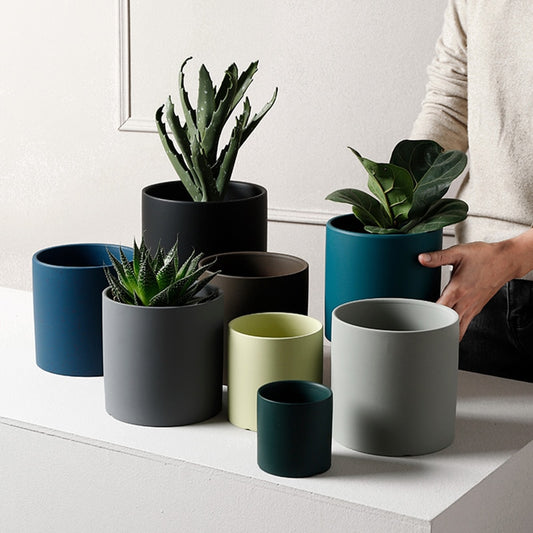 a table with a cup of coffee and a plant